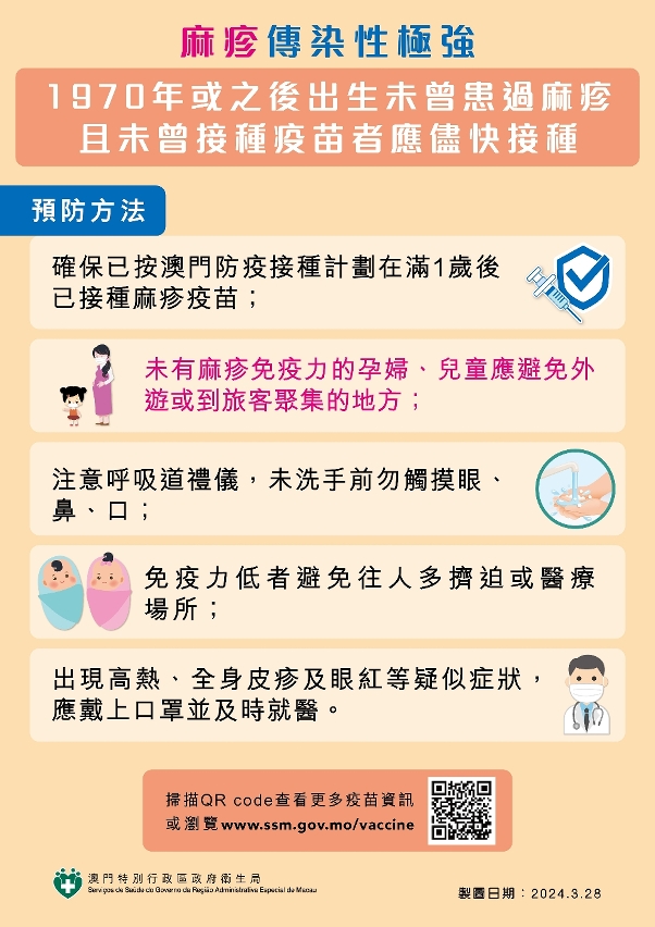 復活節及清明節假期將至　衛生局呼籲居民加強防範麻疹